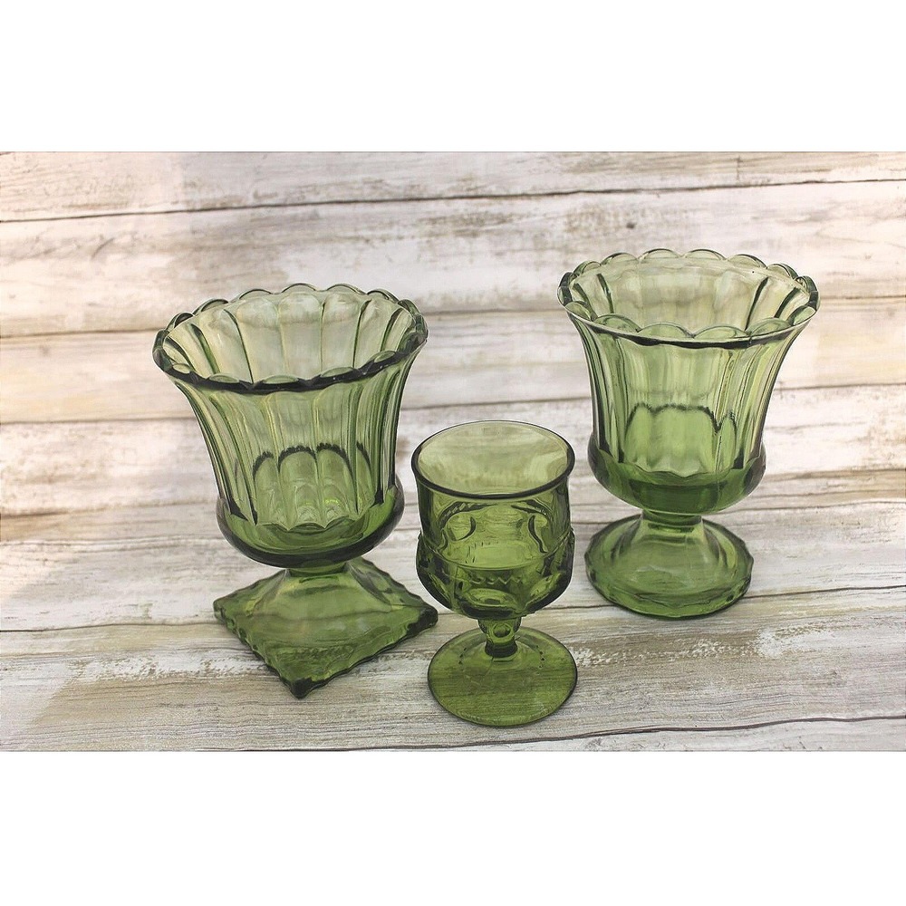 Vintage Green Ruffle Glass Goblets with Kings Crown Liqueur Glass